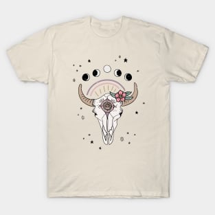 Boho Tribal Cow Skull with Flowers - blush T-Shirt